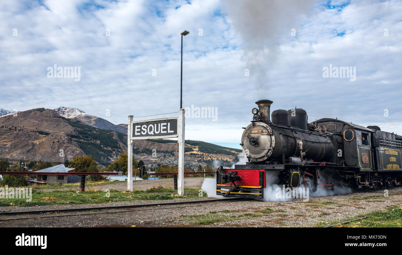Esquel, Argentina - April 28, 2018: La Trochita (official name: Viejo Expreso Patagonico), in English known as the Old Patagonian Express, is a 750 mm Stock Photo