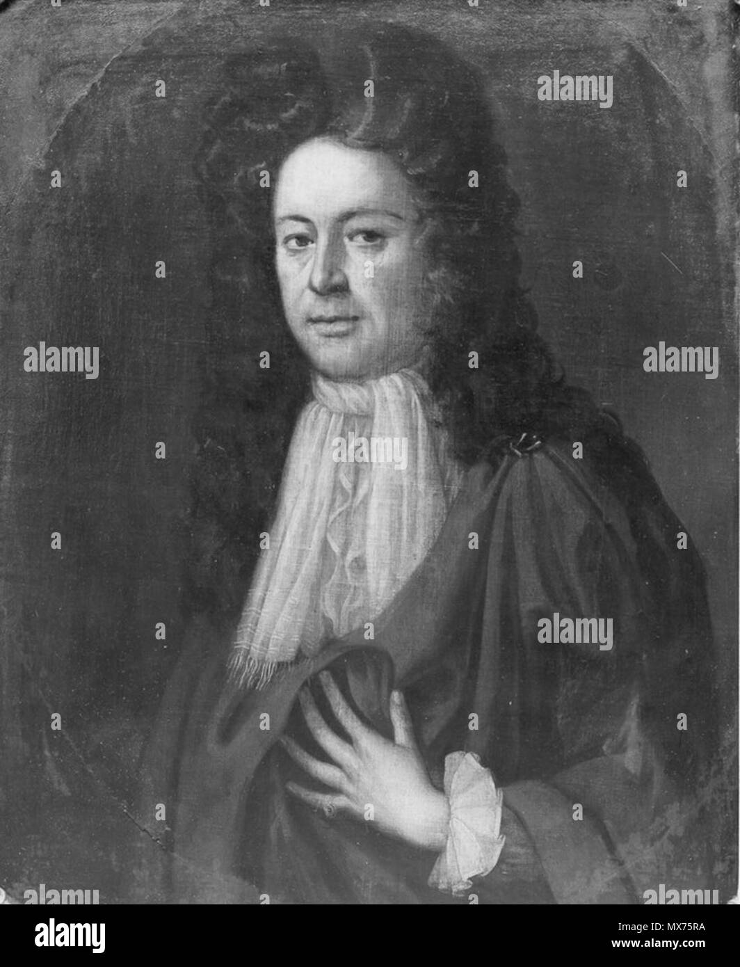 . English: Captain Seth Jermy (1653 - 1724) A framed oil painting, size 63 x 76 cm. Marks on the painting indicate that it was at one time in an oval frame. Seth is shown with fair hair, hazel eyes, a white cravat and a rust coloured cloak. A signet ring is on the little finger of the left hand. The painting was owned by Rev. Frank S Bennett (1866 - 1947), the Dean of Chester, who was a descendant of Mary Jermy, the daughter of Captain Seth Jermy. 1 January 2013, 19:19:40. Colin Jermy 112 Captain Seth Jermy Stock Photo