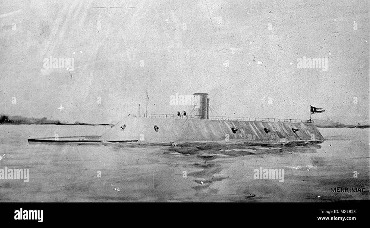 . English: CSS Virginia Caption text: 'Photo # NH 61676 Artwork of CSS Virginia'  Español: CSS Virginia (ex USS Merrimac) Français : On distingue l'éperon à l'avant . Photograph of a 19th century artwork. Unknown 148 CSSVirginia1862.2.ws Stock Photo