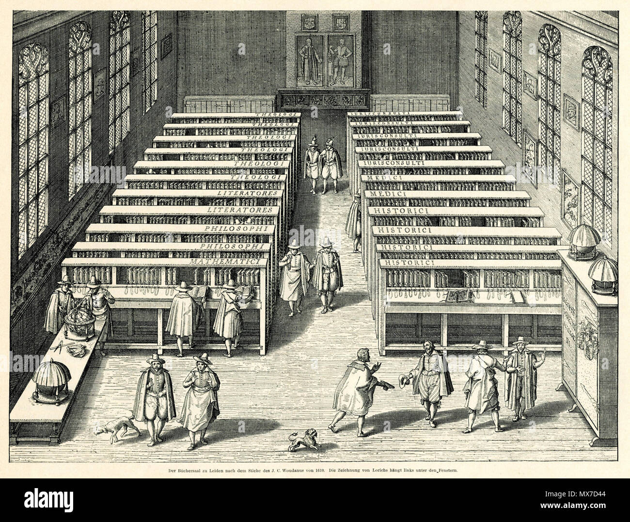 159 Der Büchersaal zu Leiden nach dem Stiche des J C Woudanus von 1610 Die Zeichnung von Lorichs hängt links unter den Fen - Lorck Melchior - 1610 Stock Photo