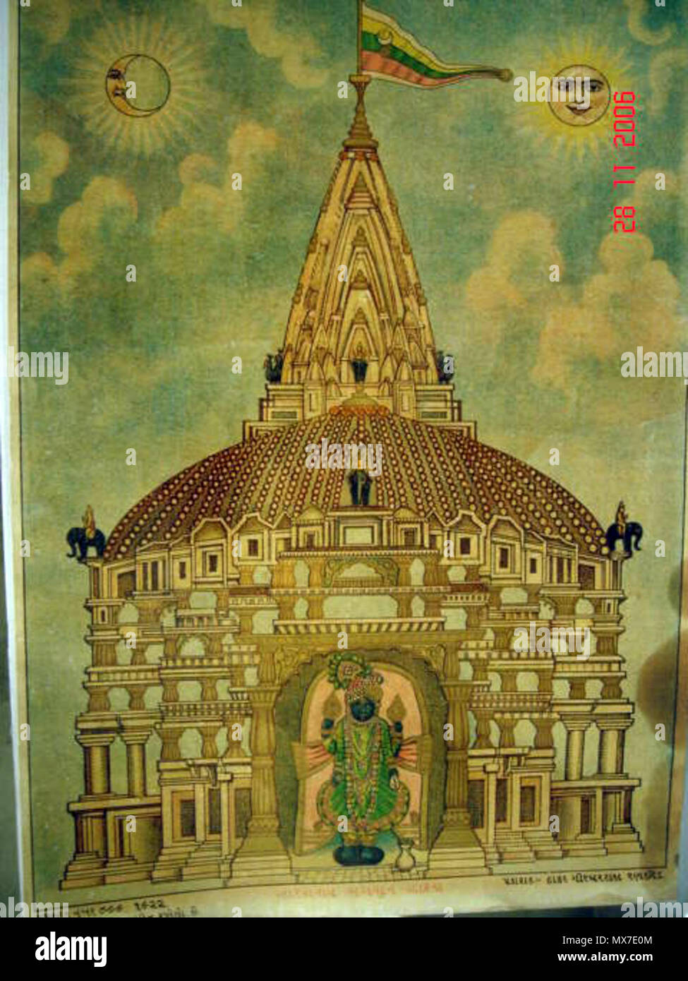 . English: Krishna as Dwarkanath, in his temple there (bazaar art, c.1920's) Source: ebay, Nov. 2006 . 1920. bazaar art 348 Krishna as Dwarkanath Stock Photo