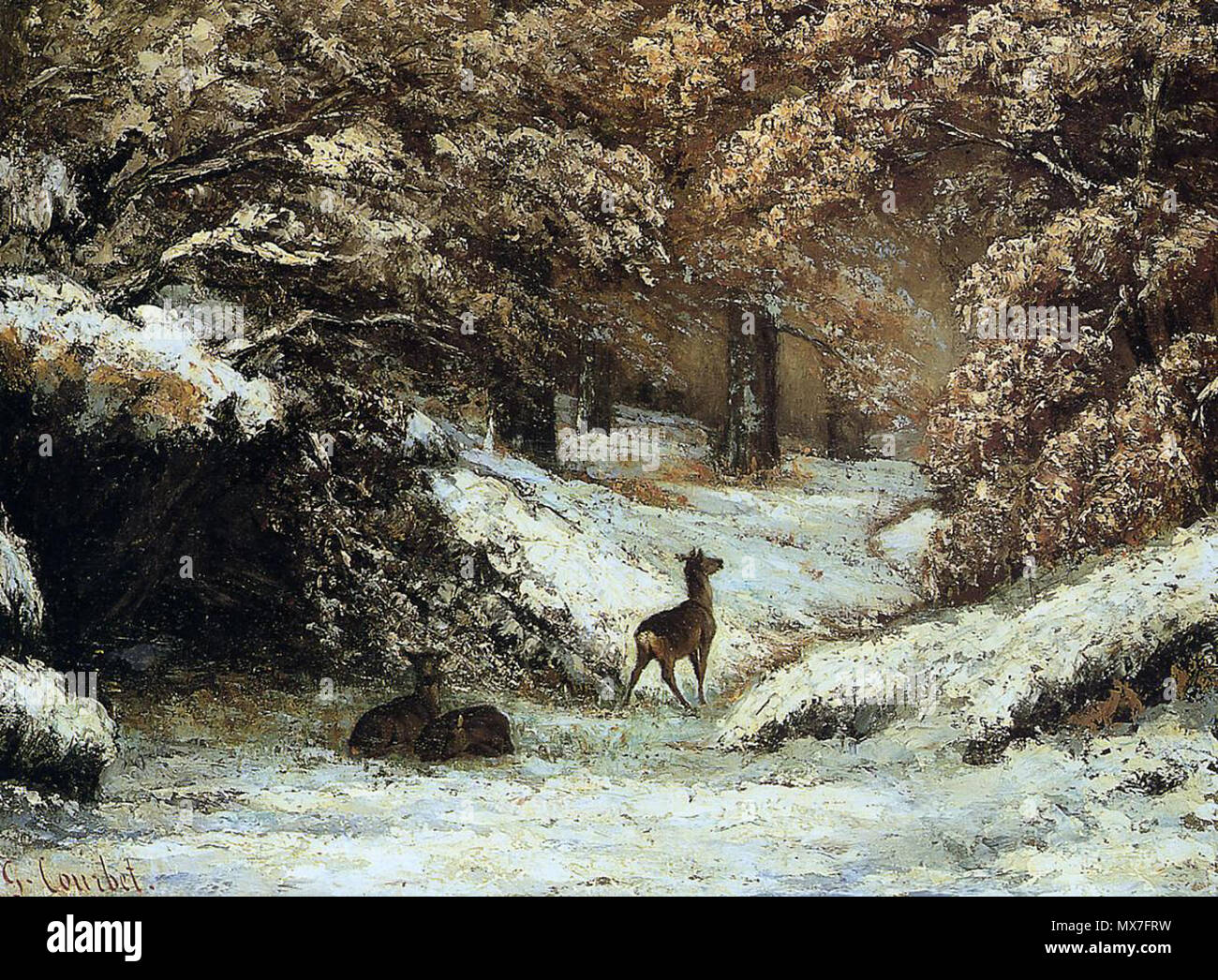. French: Les chevreuils dans la neige  . circa 1866 146 Courbet-Chevreuil-Lyon Stock Photo