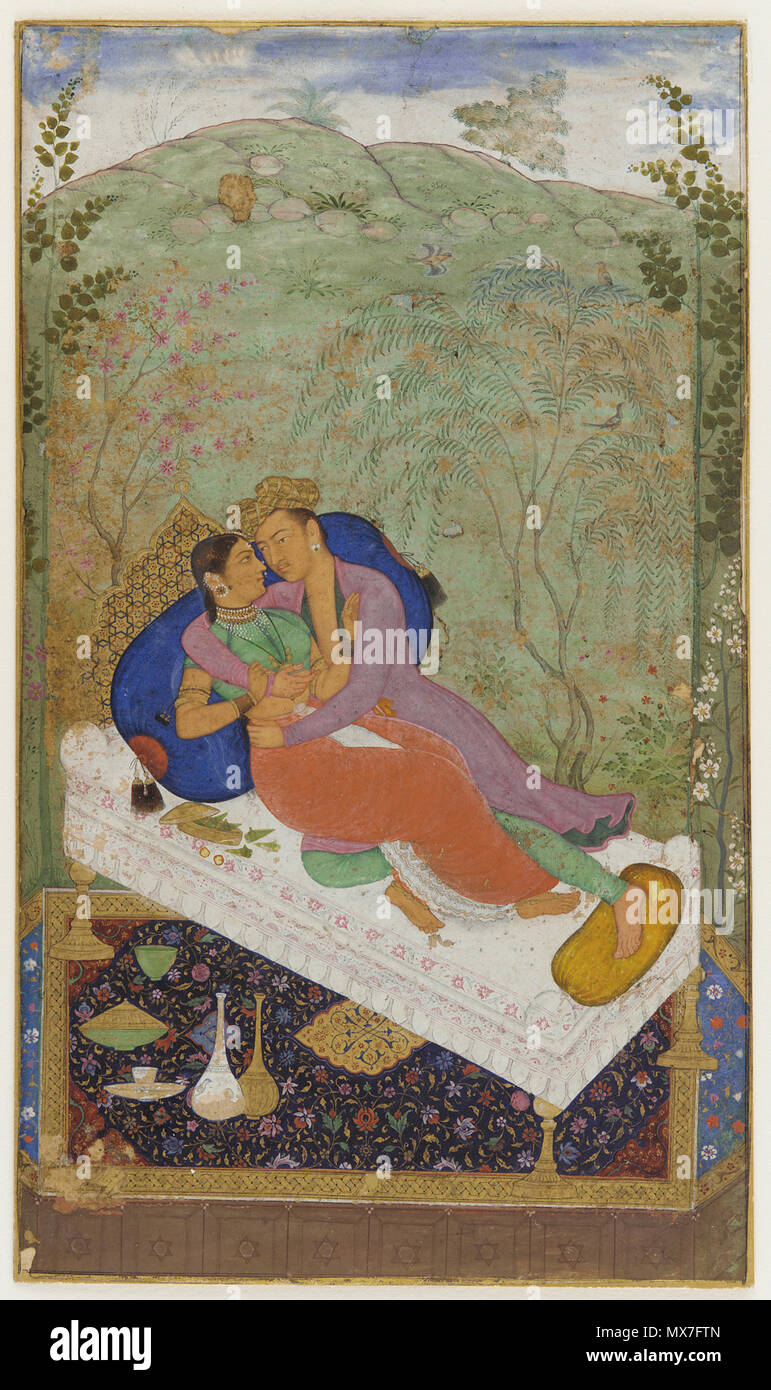 .  English: Lovers  . circa 1597 379 Lovers, Mughal dynasty Stock Photo
