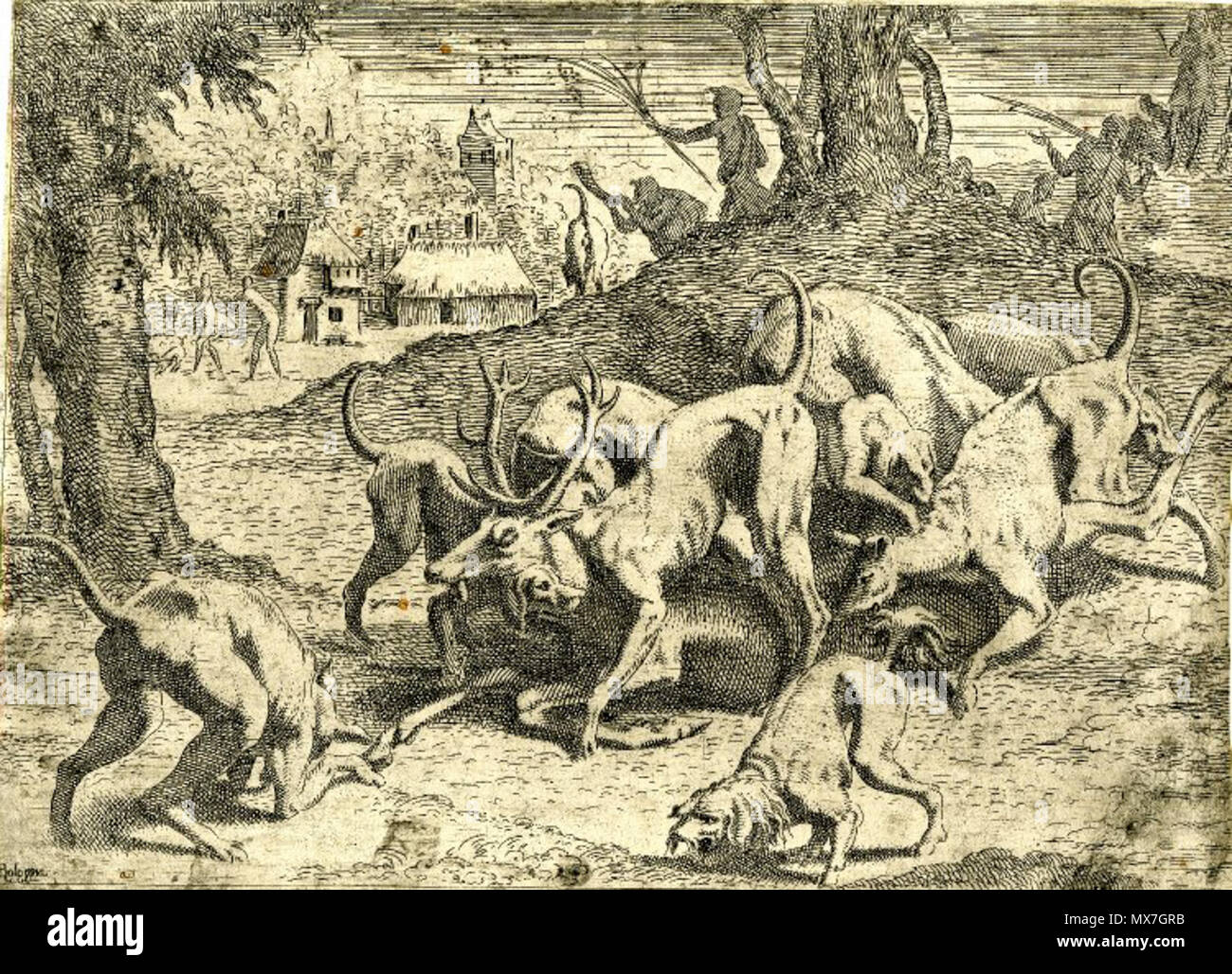 . English: British Museum Pack of hunting dogs attacking a stag, perhaps Actaeon after his metamorphosis; in the background, people in classical costume and houses. c.1545 Etching, Print made by: Léon Davent After: Francesco Primaticcio , 1545 Zerner 1969 LD.38 Bartsch XVI.331.64 . 1540s. Léon Davent - French printmaker in the mid 16th century 154 Davent acteon bm Stock Photo