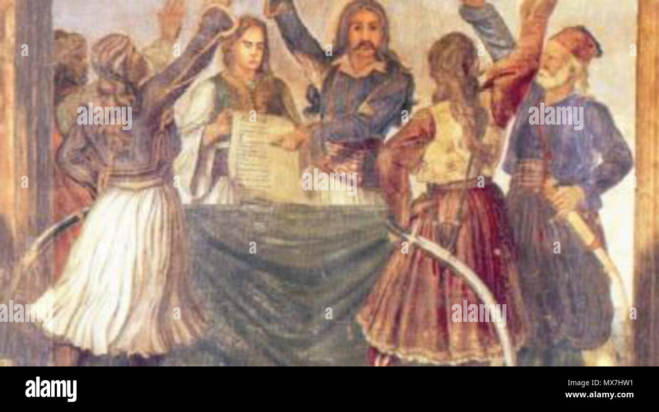 . Delegates of the greek nation voting in the 1st National Assembly (Epidavros, 1821). Fresco in the Greek Parliament . This file is lacking author information. 157 Delagates 1st Assembly Stock Photo