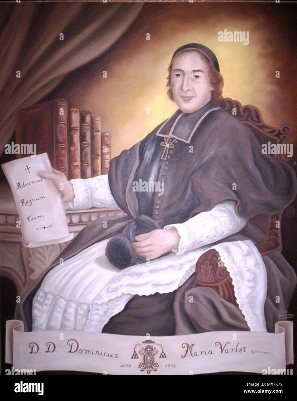 . Deutsch: Porträt von Dominique Marie Varlet, geboren 15. März 1678, Bischof von Babylon (1718-1742), gestorben 14. Mai 1742. Abgebildet sitzend in geistlicher Kleidung, in der rechten Hand ein Schriftstück mit den Worten 'Adveniat regnum tuum'. circa 1740. Unknown 167 Dominique Marie Varlet Stock Photo
