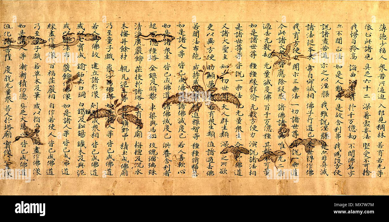 . English: Lotus Sutra, Chapter on 'Expedient Means' (法華経方便品, kengukyōzankan) . 10th century. attributed to Minamoto Toshifusa 200 Expedient Means Lotus Sutra Stock Photo