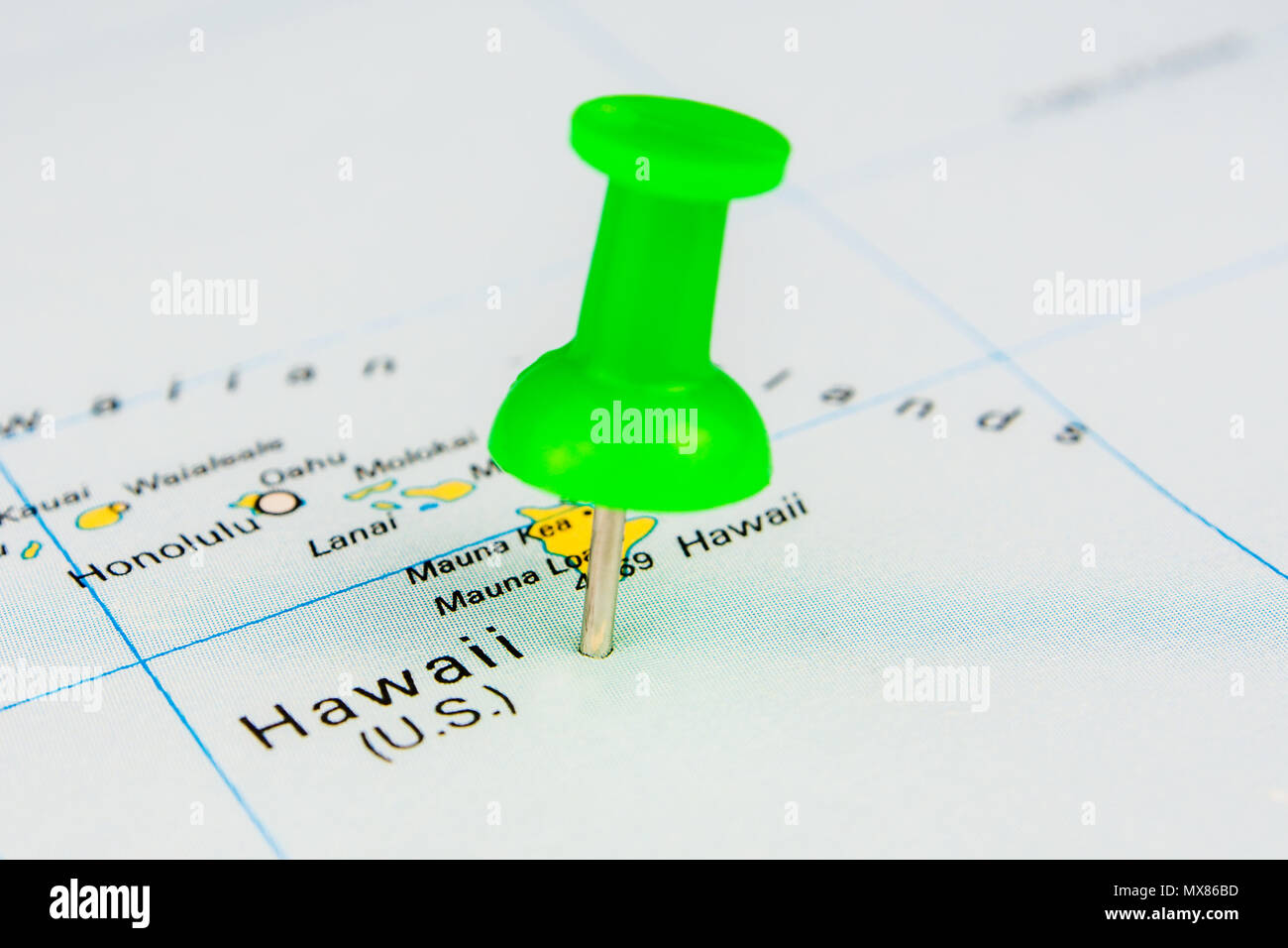 Draw-pin stick into real map, identification of final destination, Hawaii Stock Photo