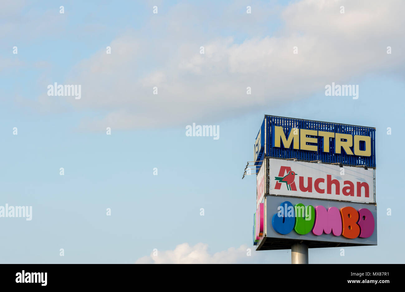 Metro logo, auchand hypermarket logo and Jumbo logo Bucharest 21 May 2018 Stock Photo