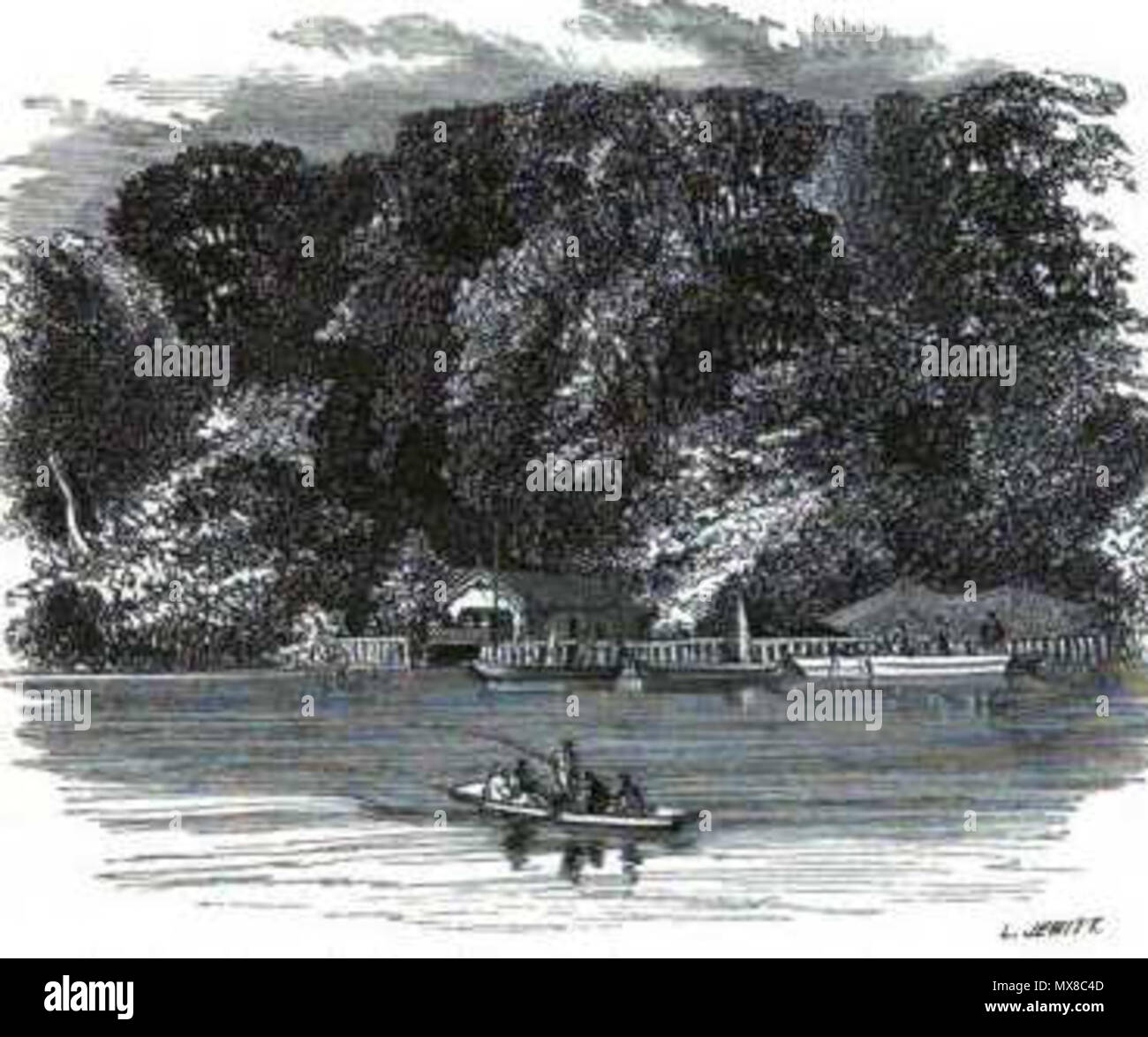 . A boathouse near Castle Donington in Leicestershire and across the River Trent near Weston-on-Trent in Derbyshire. 1859. Artist for John Joseph Briggs 168 DoningtonBoatHouse Stock Photo