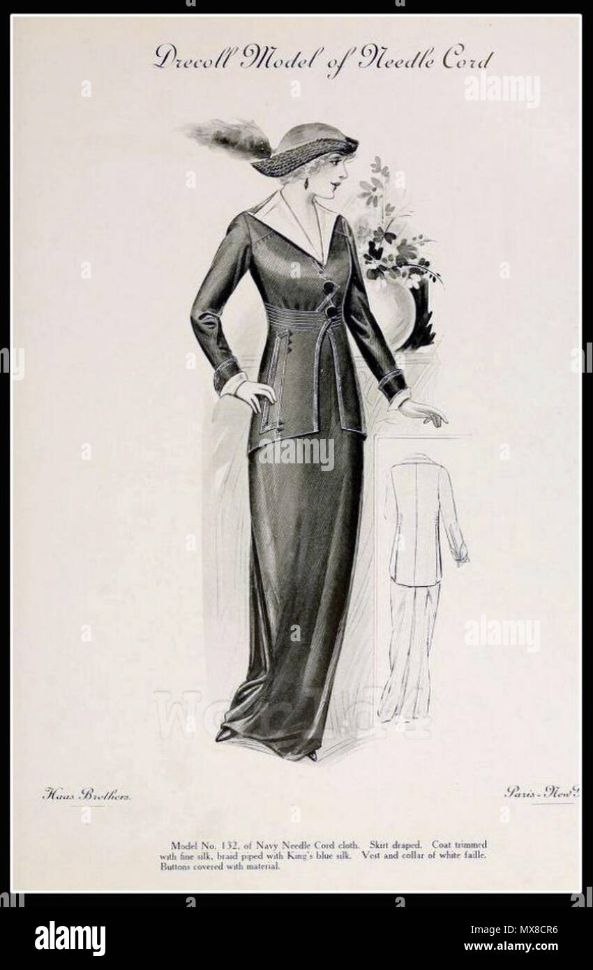 English: Fashion Design by Christoph Drecoll (18511939). Drecoll Model of  Navy Needlecord cloth. Skirt draped. Coat trimmed with fine silk, braid  piped with King's blue silk. Vest and collar of white