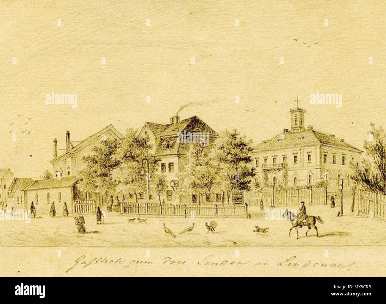 . Deutsch: Der Gasthof Drei Linden in Lindenau bei Leipzig um 1870 . 1870. Unknown 170 Drei Linden 1870 Stock Photo