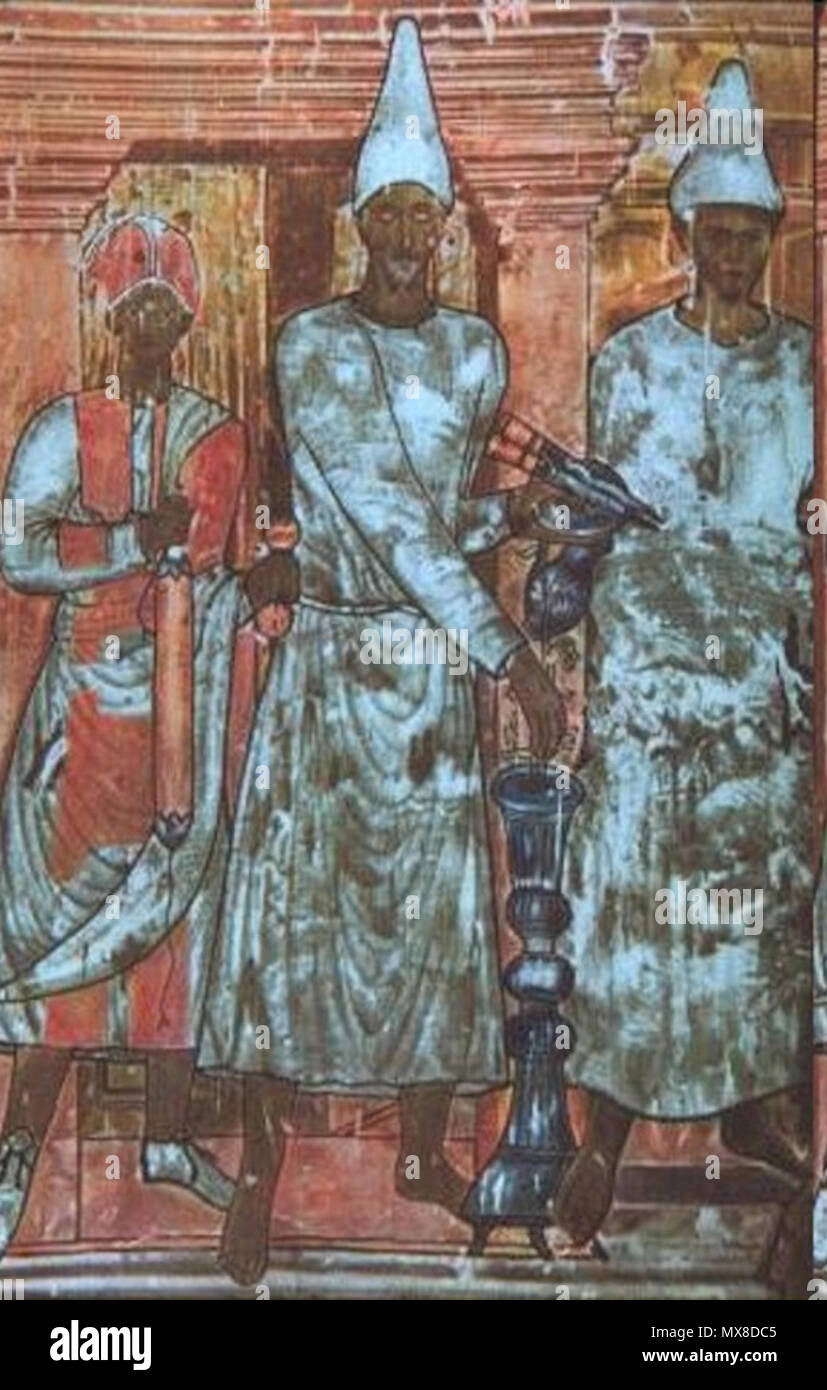 . English: Fresco of Conon - depicts a sacrifice being made on behalf of a family, by the chief priest Conon and two assistants. Temple of the Palmyrene gods in Dura-Europos. 1st. century. A.D. Graeco-Iranian style. 1st. c. A.D.. Unknown 173 Dura Europos fresco Sacrifice of Conon Stock Photo