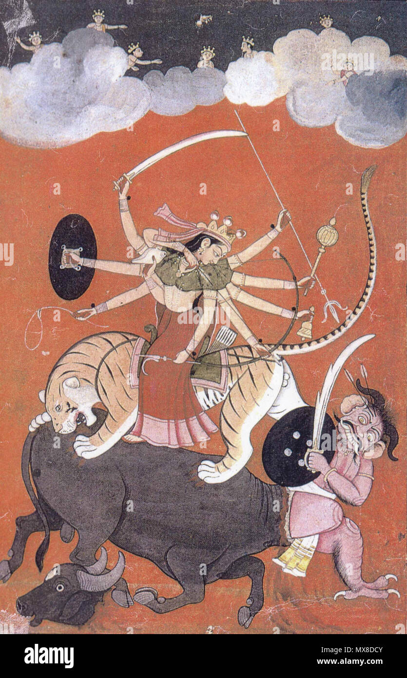English: Goddess Durga, fighting Mahishasura, the buffalo-demon Mythology) . In the clouds the celestial watching the event, are seen. The story is written in the Devi Mahatmya and