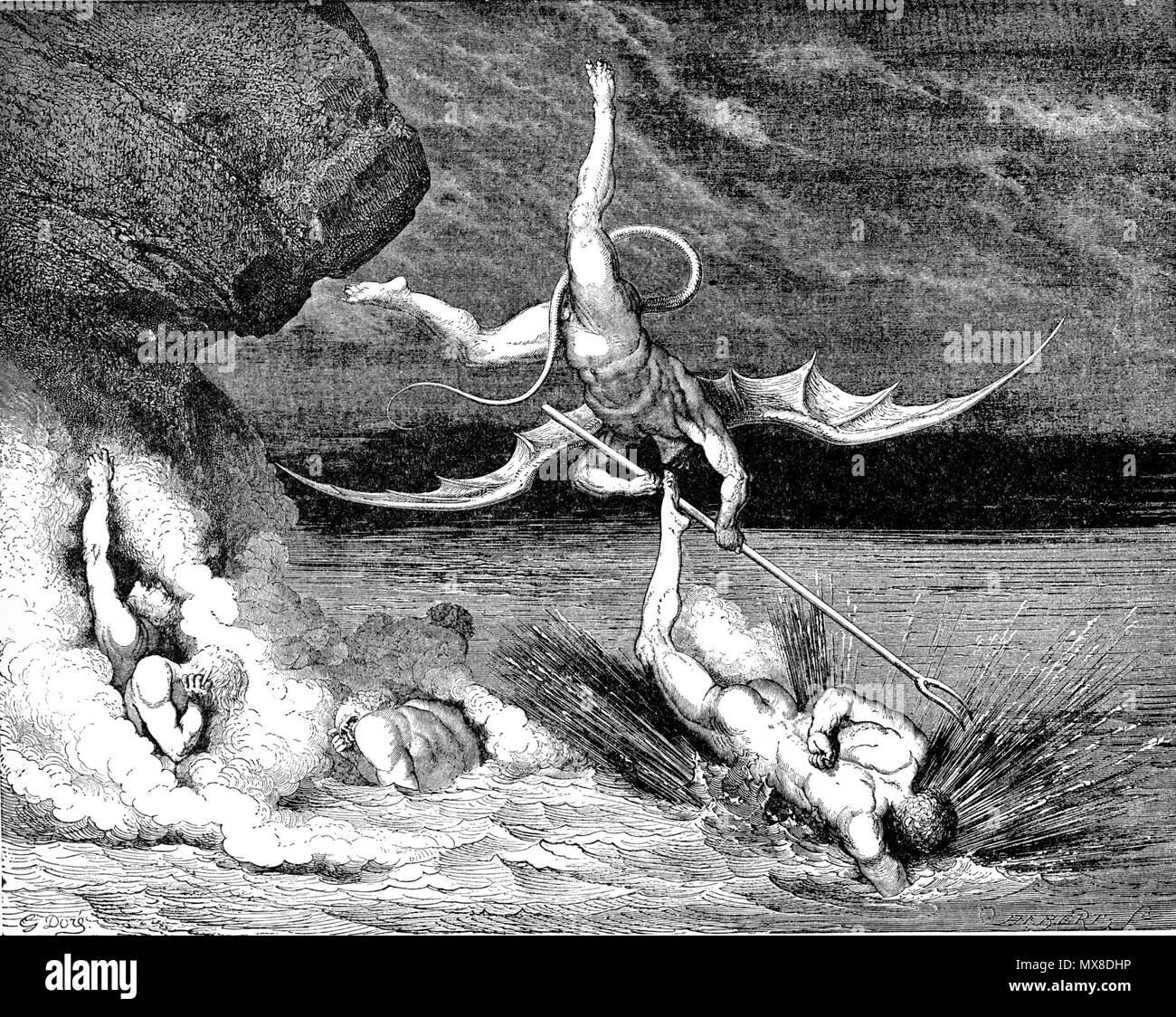. High resolution scan of engraving by Gustave Doré illustrating Canto XXII of Divine Comedy, Inferno, by Dante Alighieri. Caption: Ciampolo escaping from the Demon Alichino . 31 January 2008. scanned, post-processed, and uploaded by Karl Hahn 174 DVinfernoCiampoloDemonAlichino m Stock Photo