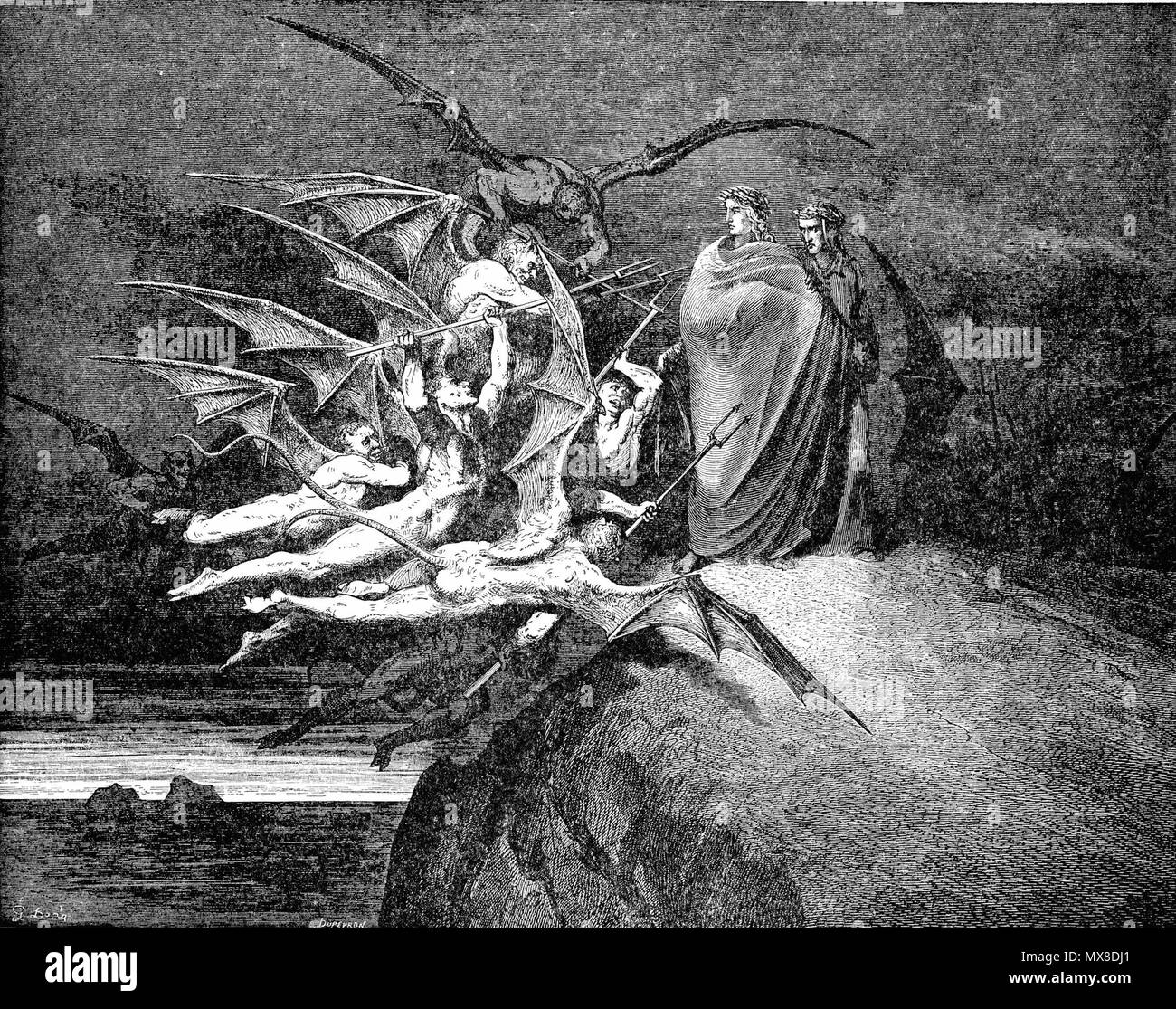 . High resolution scan of engraving by Gustave Doré illustrating Canto XXI of Divine Comedy, Inferno, by Dante Alighieri. Caption: The Demons threaten Virgil . 31 January 2008. scanned, post-processed, and uploaded by Karl Hahn 174 DVinfernoDemonsThreatenVirgil Stock Photo