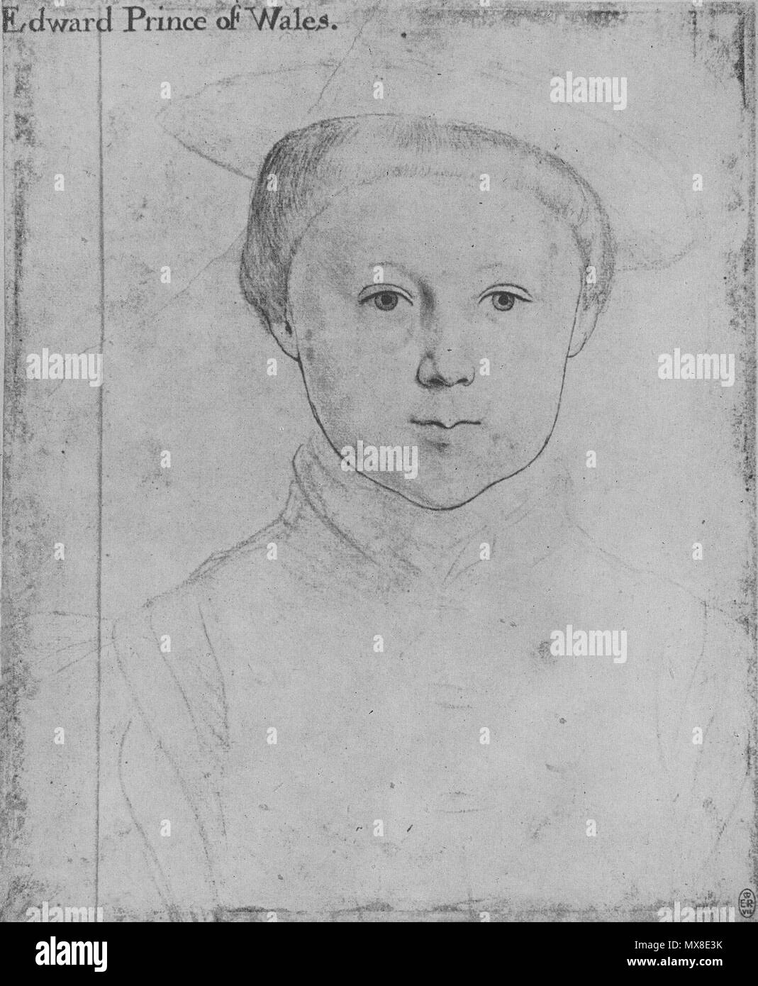 . English: Possible portrait of Edward, Prince of Wales. Black and coloured chalks, pen and Indian ink on pink-primed paper, 27.5 × 22.9 cm, Royal Collection, Windsor Castle. The drawing is in bad condition, with a long diagonal tear on the left, touching the hair, and has been rubbed and retouched. According to art historian K. T. Parker, traces of Holbein's left-handed shading may be seen in the hat and coat, but the penwork and hair are low quality, probably reworked at a later date. Not all scholars accept the attribution to Holbein (Roy Strong, Tudor and Jacobean Portraits, London: HMSO,  Stock Photo
