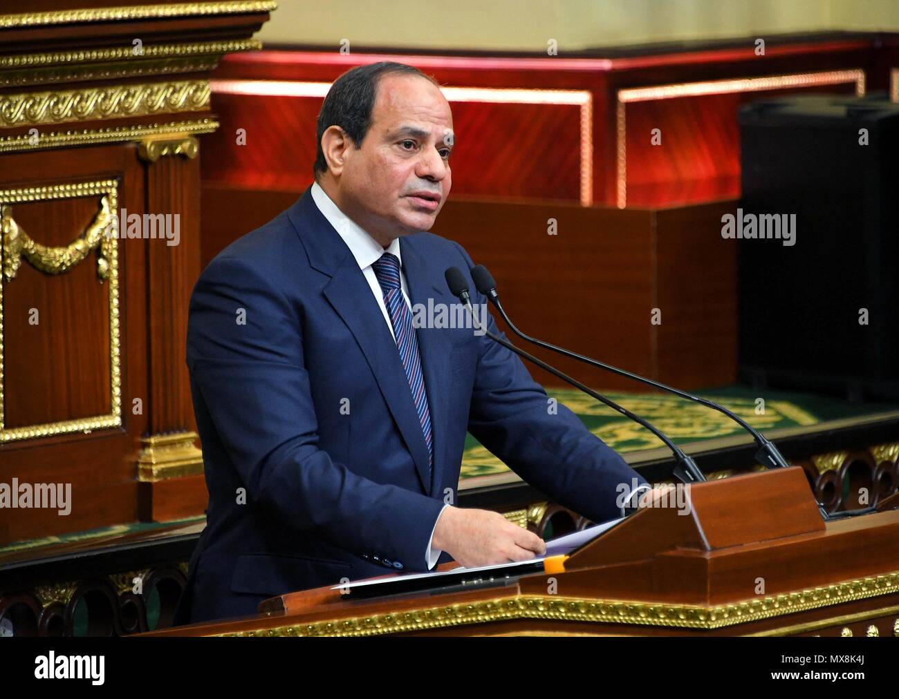 Cairo, Egypt - 2 June 2018 - Egyptian President Abdel Fattah El-Sisi addresses the Egyptian Parliament at the beginning of his second 4-year term. (pool photo) Stock Photo