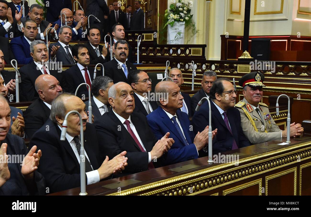 Cairo, Egypt - 2 June 2018 - Egyptian President Abdel Fattah El-Sisi addresses the Egyptian Parliament at the beginning of his second 4-year term. (pool photo) Stock Photo