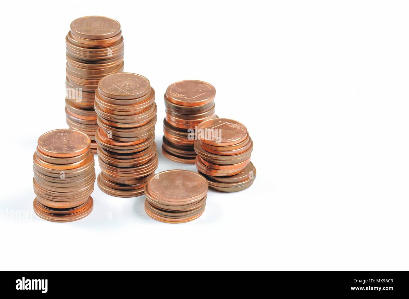 Stack of Eurocent coins on white background. Stock Photo