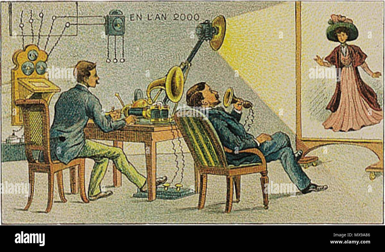 . English: Video telephony as imagined in the year 2000, as imagined in 1910. From a French card. Français : Correspondance Cinéma - Phono - Télégraphique. Chromolithographie. Русский: Карточка серии 'Франция в 2000 году' - 'Передача изображения и звука (кино) по телеграфу.' . 1910. Villemard 215 France in XXI Century. Correspondance cinema Stock Photo