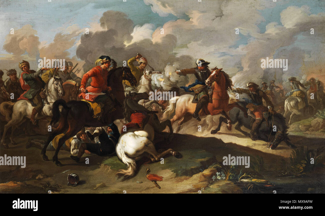 .  Deutsch: Reiterschlacht zwischen christlichem und türkischem Heer. Öl auf Leinwand. 74 x 125 cm. English: Cavalry battle between christian and turkish army. Oil on canvas. 74 x 125 cm. . Unknown date. Francesco Casanova (1727 - 1803) 215 Francesco casanova painting1 Stock Photo