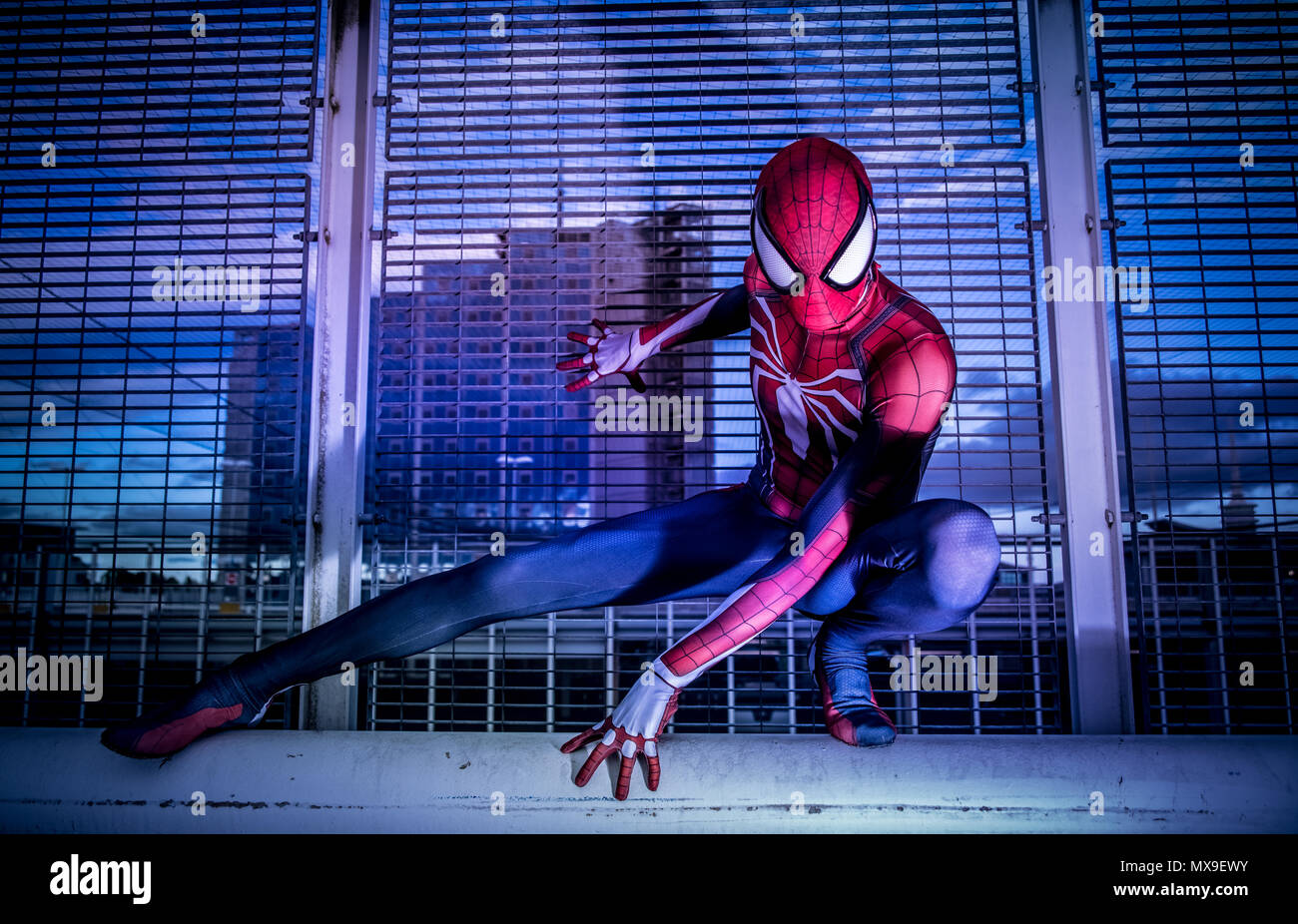 Spiderman cosplayer in his spiderman suit. Stock Photo