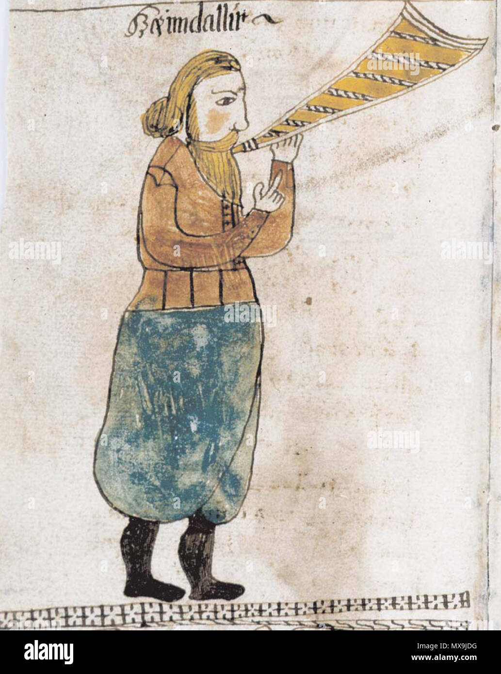 . en:Heimdallr. Picture from the 17th century Icelandic manuscript en:AM 738 4to, now in the care of the Árni Magnússon Institute in Iceland. {AMI} en:Category:Illuminated manuscript images en:Category:Images from Norse mythology . This file is lacking author information. 270 Heimdallr edda oblongata Stock Photo