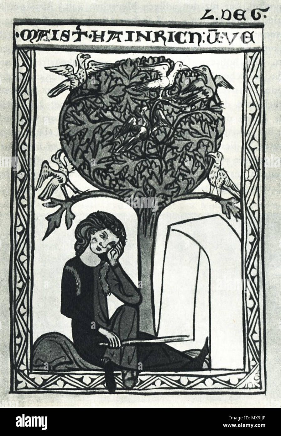 . Deutsch: Portrait des mittelalterlichen Dichters Heinrich von Veldeke in der Weingartner Liederhandschrift. early 14th century. Unknown 271 Heinrich von Veldeke Stock Photo