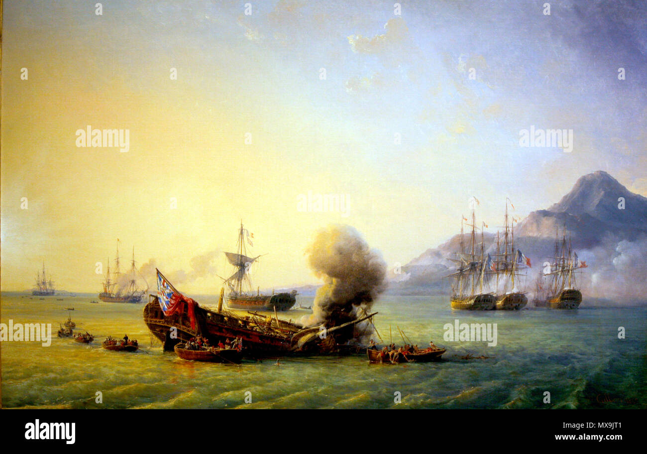 .   Artist Pierre Julien Gilbert  Description  English: Battle of Grand Port Visible are, from left to right: HMS Iphigenia striking her colours (actually happened the next day) HMS Magicienne being scuttled by fire HMS Sirius being scuttled by fire HMS Nereide surrendered French frigate Bellone French frigate Minerve Victor (background) Ceylon Oil on canvas    Current location   Musée national de la Marine      Native name Musée national de la Marine  Location Paris  Coordinates 48° 51′ 43.11″ N, 2° 17′ 16.76″ E   Established 1827  Web page www.musee-marine.fr  Authority control  : Q1286709 V Stock Photo