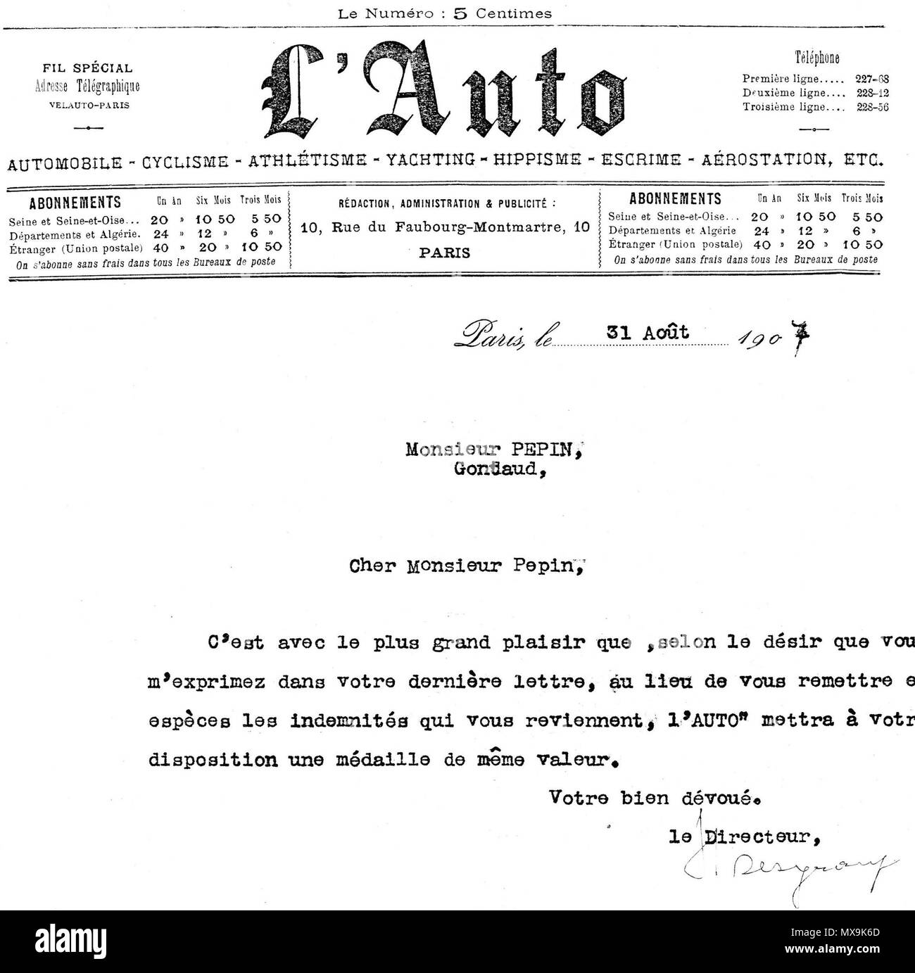 . English Reproduction of letter from the organisers of the Tour de