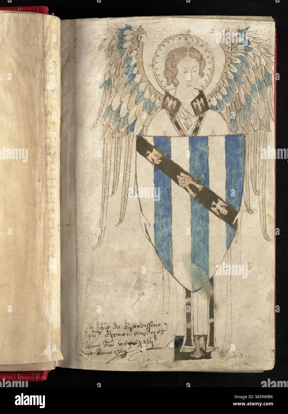 . English: John Grandisson, Bishop of Exeter from 1327 -1369 15 July Coat of arms in his psalter. Blazon: Paly of six argent and azure a bend sable charged with a mitre upon a priest's stole between two eagles displayed, argent. 'Lives of the Bishops of Exeter' describes his actual arms (being Grandisson differenced by substitution of the mitre for the middle eagle) as: Paly of six argent and azure, a bend gules, charged with a mitre between two eaglets displayed, or. Grandisson bequeathed his Psalter to Isabella, dau. of King Edward III . 7 December 2013, 12:59:48. unknown - paid for by John  Stock Photo