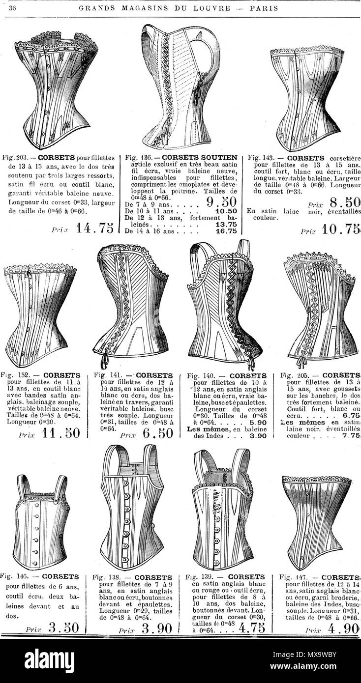 . Français : Comptoir des Corsets No. 30 Dansk: forretningsafdeling no. 30 med korsetter. circa 1890. Anonymous 252 Grands Magasins du Louvre - Paris - 36 Stock Photo
