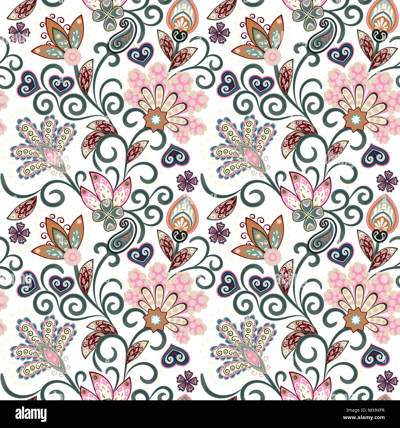Vintage pattern in indian batik style. Floral hand draw vector background.  Pastel blue pink and beige on white Stock Vector Image & Art - Alamy