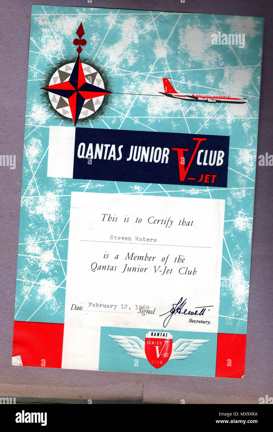 QANTAS AIRWAYS - A 1969 Junior V Jet Certificate issued by the airline Stock Photo