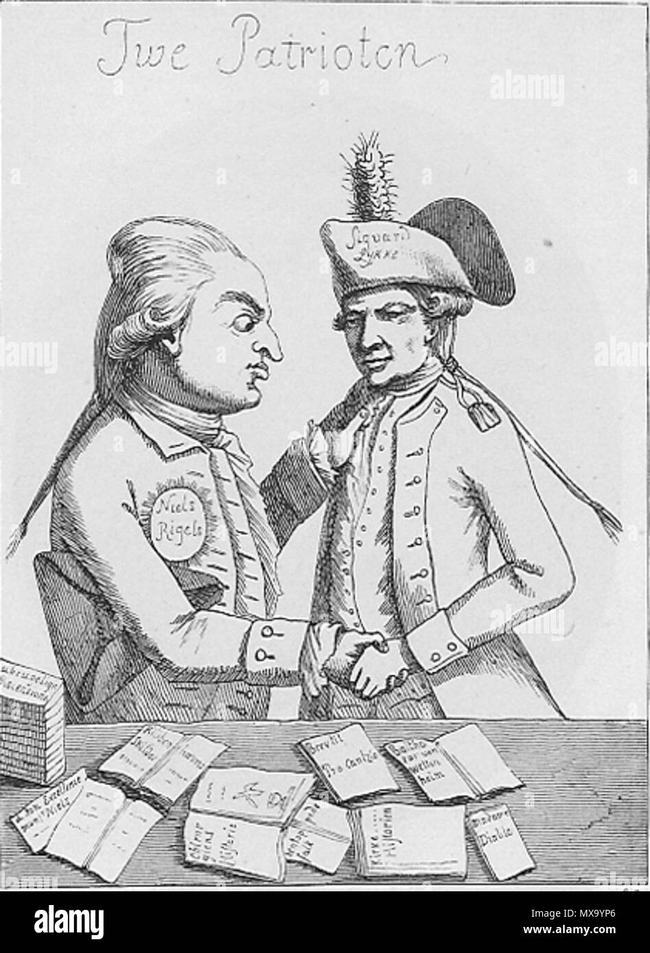 . English: Satirical etching from 1787 showing Niels Ditlev Riegels (left) and Sigvard Lykke (right). Dansk: Satirisk stik over Niels Ditlev Riegels og Sigvard Lykke. Philip Rosenstand-Goiske skriver i sine håndskrevne efterretninger om billedet i december 1787: 'Een, som ei har været Riegels Ven har søgt at hevne sig paa denne nedrige Maade ved et Kaaberstykke under Titel de twe Patrioter, og ere der i Carricatur satte Riegels og Siegvardt Lykke med hinanden i Hænderne; de ligne begge, men fordie man endda ei skal tage Feil staaer Riegels Navn i en Stiærne paa Brystet og Lykkes paa Cocarden p Stock Photo