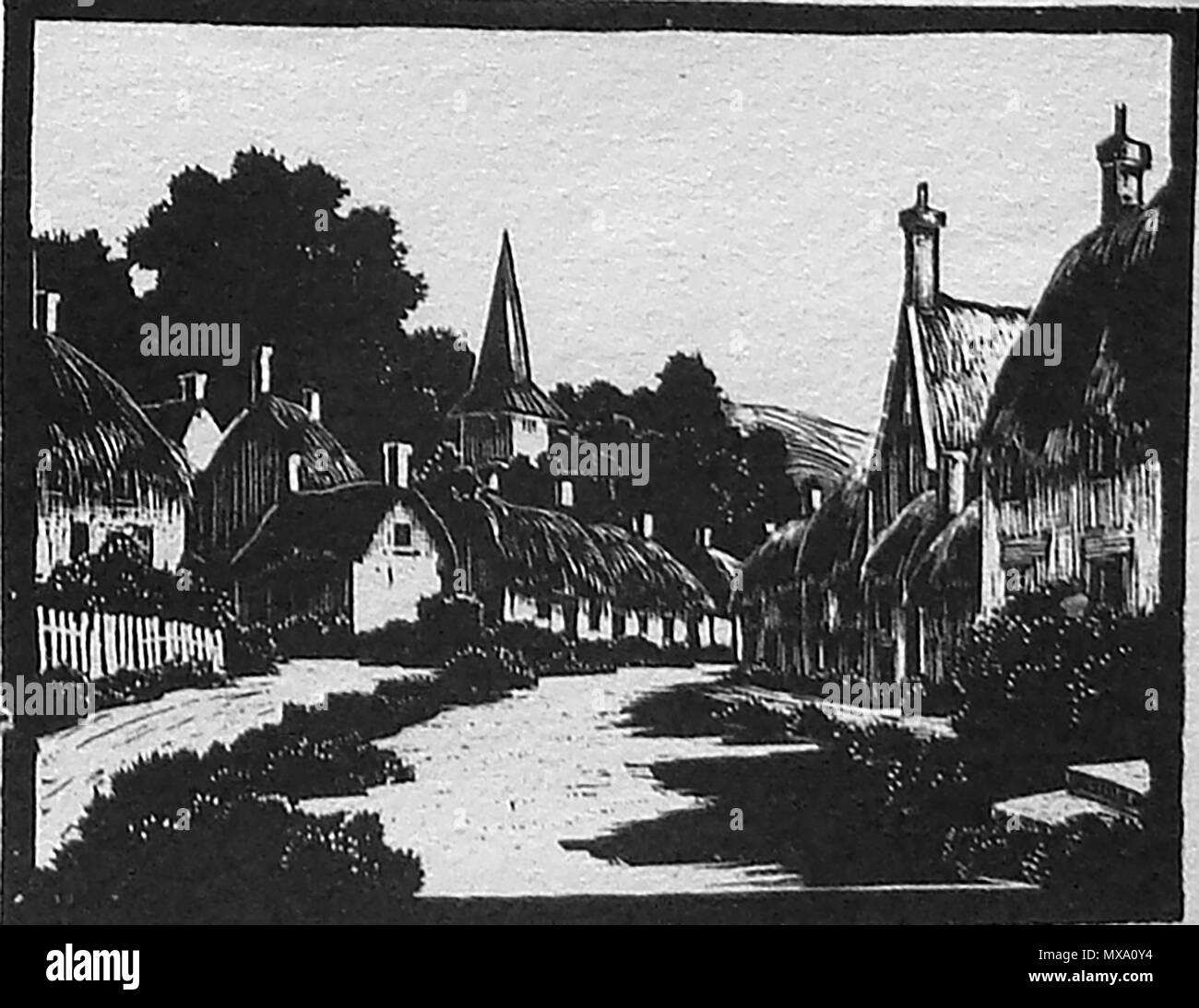 1930 wood-cut (wood block or lino-cut) hand engraved picture of an English country village with thatched cottages Stock Photo