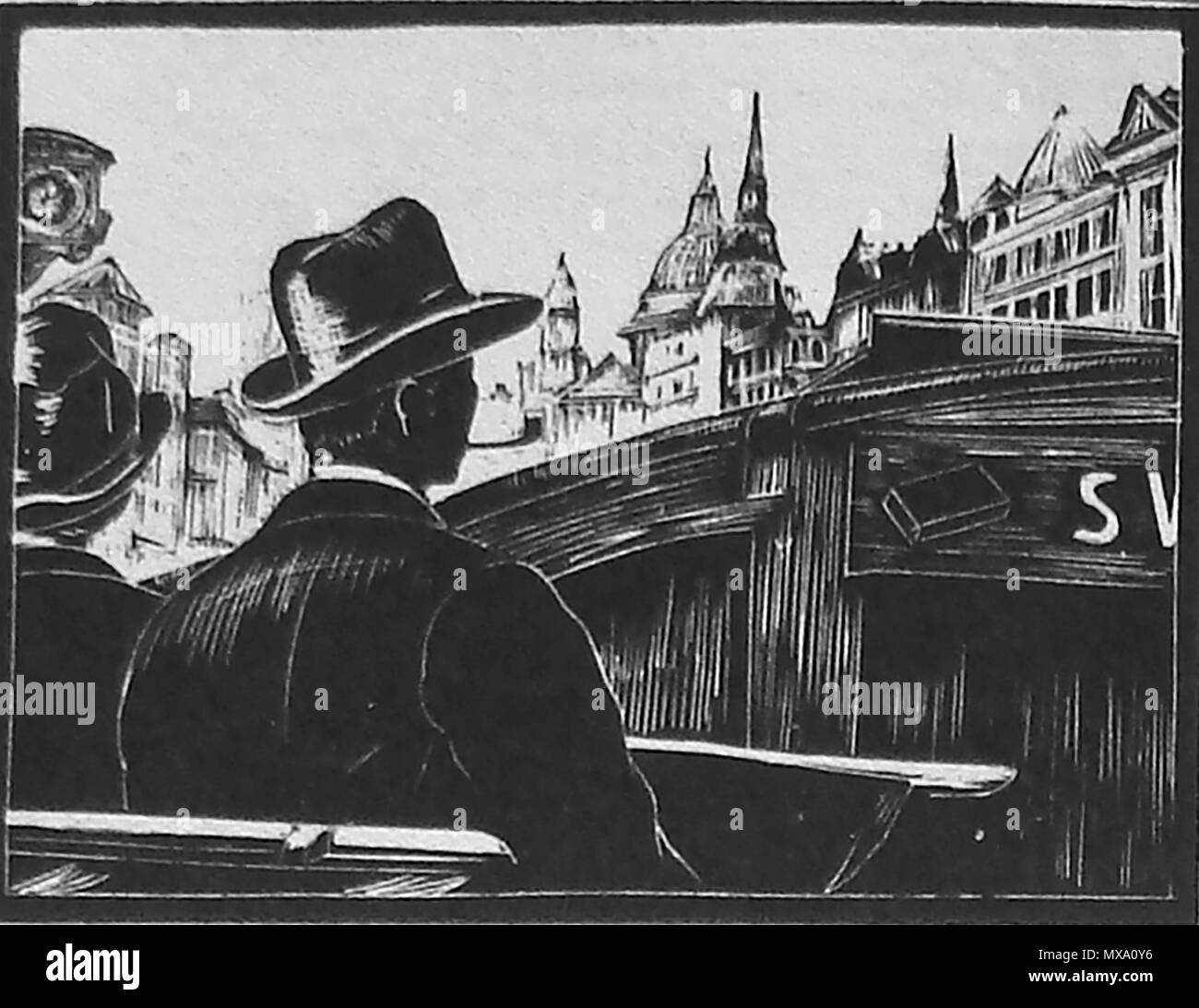 1930 wood-cut (wood block or lino-cut) hand engraved picture of a man and woman in 1930's hat  and coat riding on the top deck of an open topped double decker bus Stock Photo