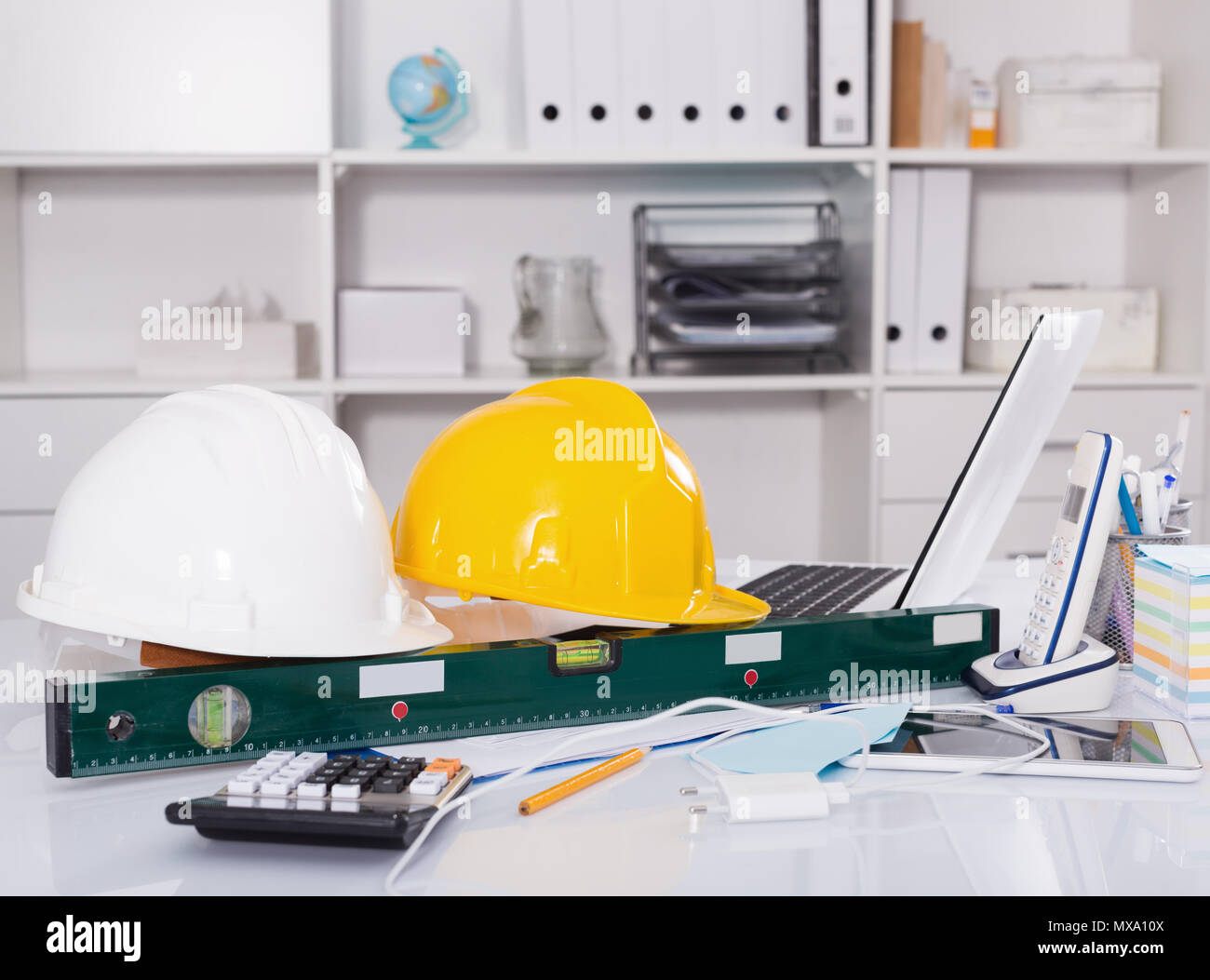Instruments for building near the laptop lying in the modern workplace ...
