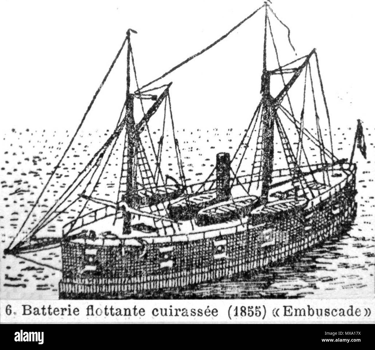 . 1855 French ironclad floating battery . 1898. Unknown 300 IroncladFloatingBatteryEmbuscadeWithCaption1855 Stock Photo