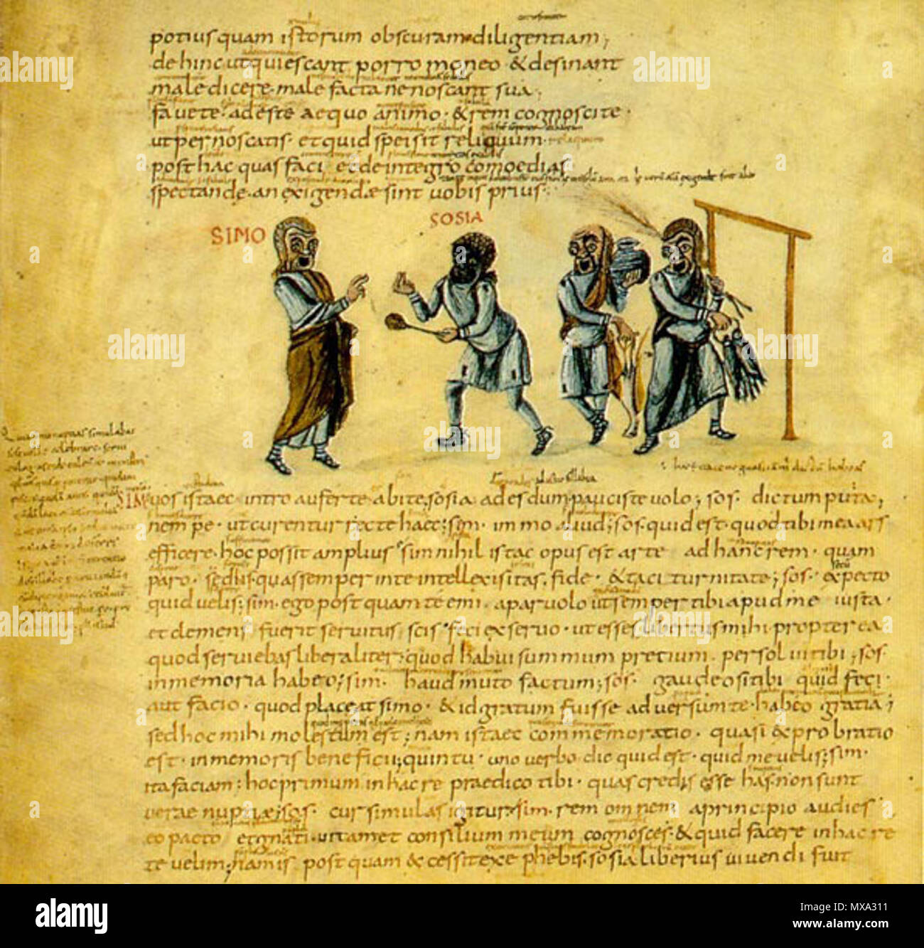 . English: Publius Terentius Afer (Terence), Andria, Act 1, scene 1. Illustration from a medieval manuscript, codex Vaticanus Latinus 3868 (Lindsay-Kauer's codex C), folium 4 verso, perhaps created in Lotharingia (around Aachen) around AD 825. Deutsch: Publius Terentius Afer (Terenz), Andria, Akt 1, Szene 1. Illustration aus einer mittelalterlichen Handschrift, Codex Vaticanus Latinus 3868 (Lindsay-Kauers codex C), folium 4 verso, möglicherweise geschaffen in Lotharingia (in der Gegend von Aachen) um das Jahr 825 herum. 17 June 2011. unknown Carolingian scribe, 9th century AD 591 Terence Andri Stock Photo