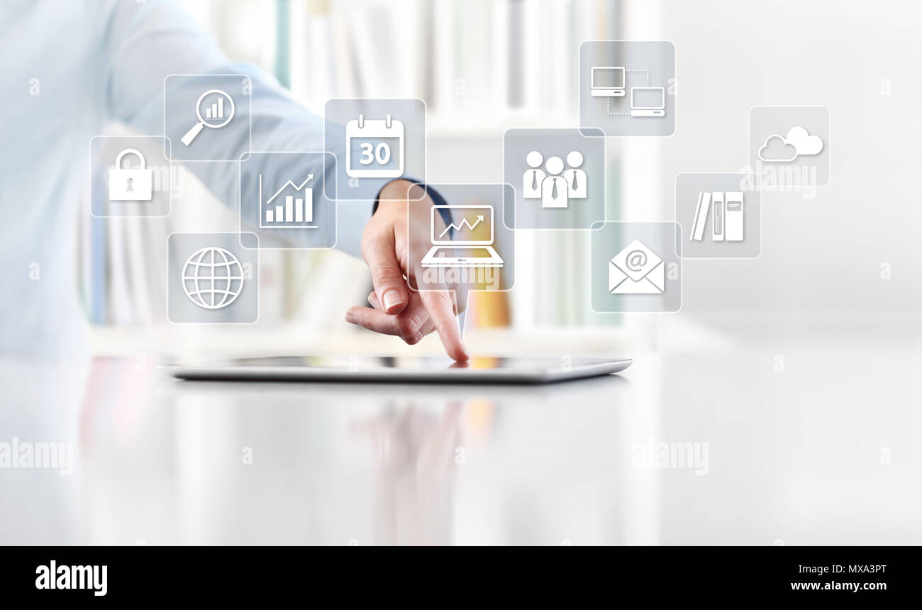 Office Business Work Concept Hand Touch Screen Icons Of Digital