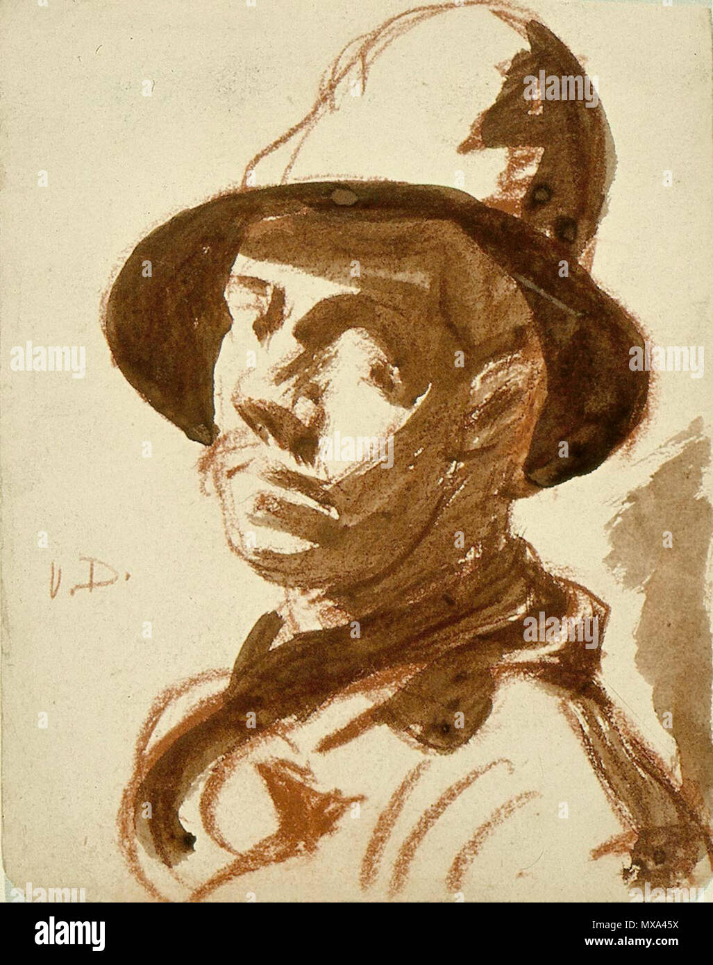 Nederlands: Self-portrait. circa 1905. Indian ink and brown watercolor or  brown ink on paper. 9 × 9 cm (3.5 × 3.5 in). Utrecht, Centraal Museum.  circa 1905. Theo van Doesburg (1883–1931)