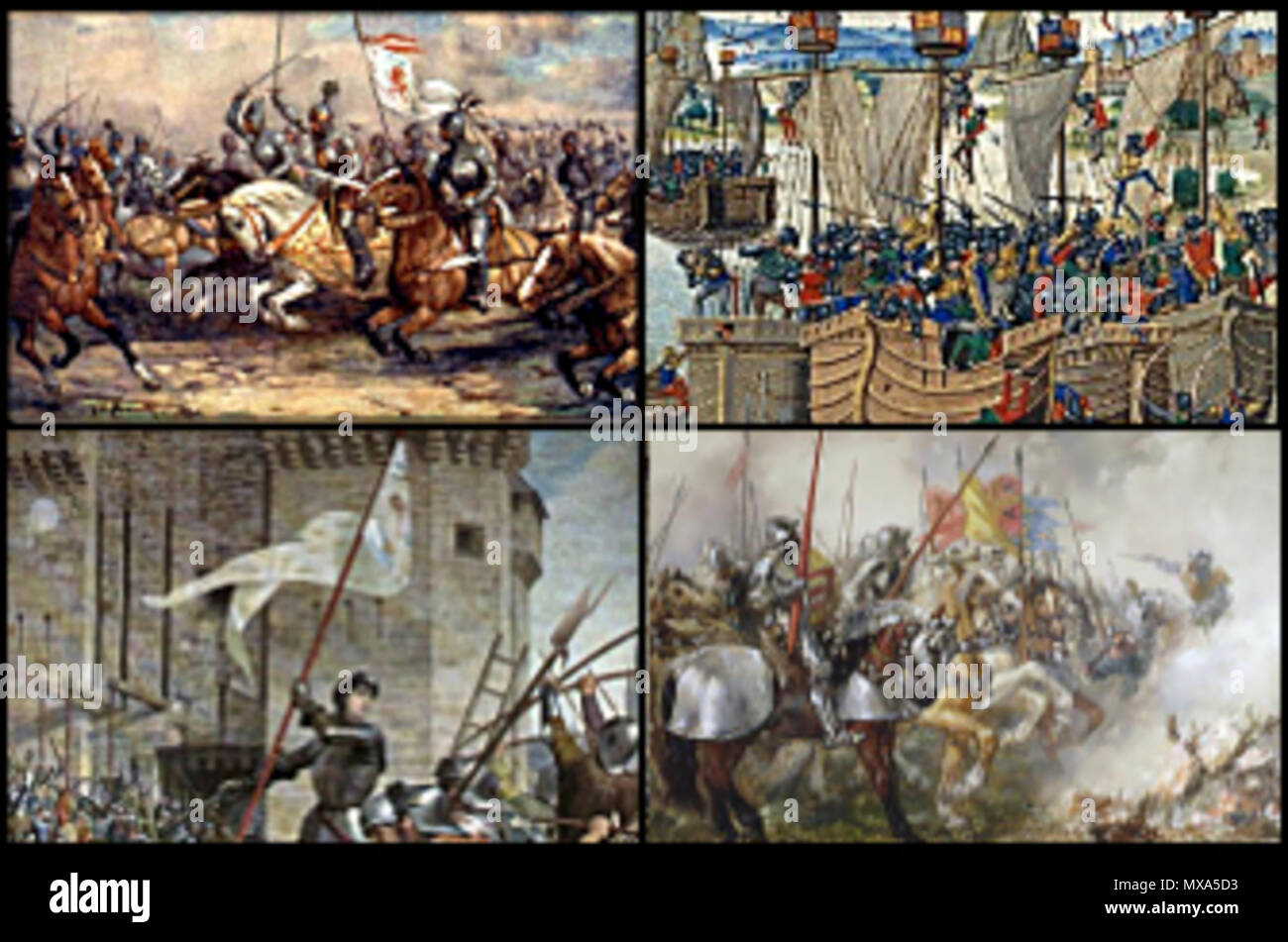 . Montage of paintings representing key battles of the Hundred Years' War. Clockwise, from top left: Crécy, La Rochelle, Agincourt, Orléans. 6 March 2010. See images below. 288 Hundred Years' War montage Stock Photo