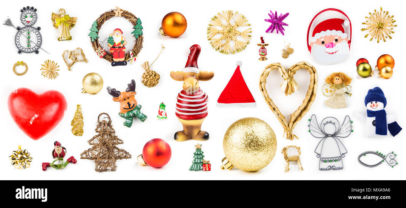 many different christmas decorations on white background with variation in color material and shapes - Different Christmas Decorations many different christmas decorations on white background with variation in color material and shapes - Different Christmas Decorations