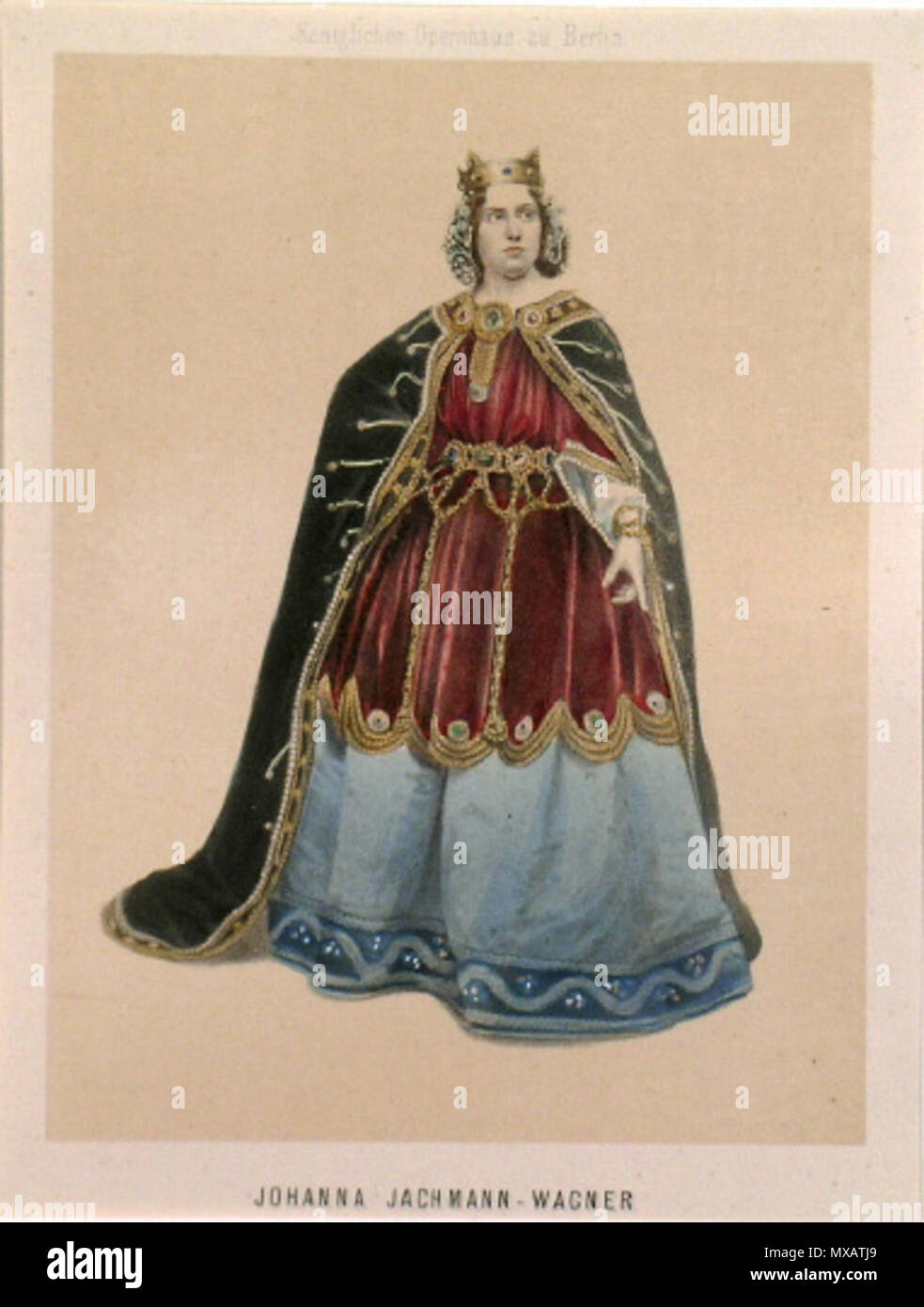 . English: Johanna Jachmann-Wagner (1826-1894), opera singer, as Ortrud in 'Lohengrin' by Richard Wagner . circa 1860. unidentified artist, historical color lithograph: Berlin, Germany 320 Johanna Jachmann-Wagner Stock Photo