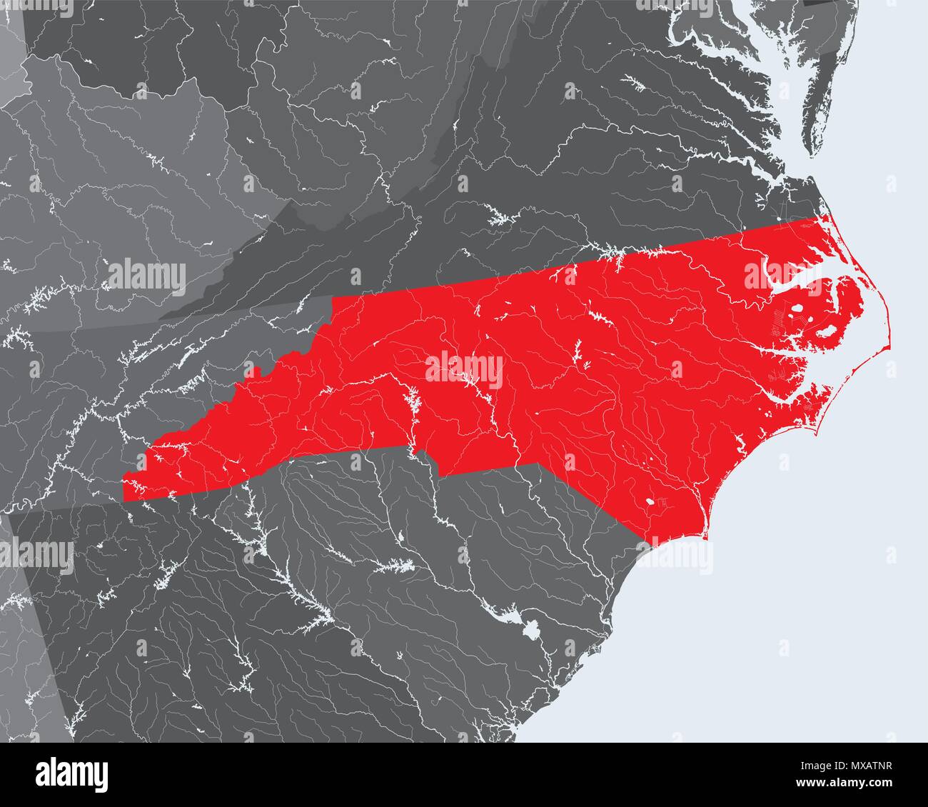 U.S. states - map of North Carolina. Hand made. Rivers and lakes are ...