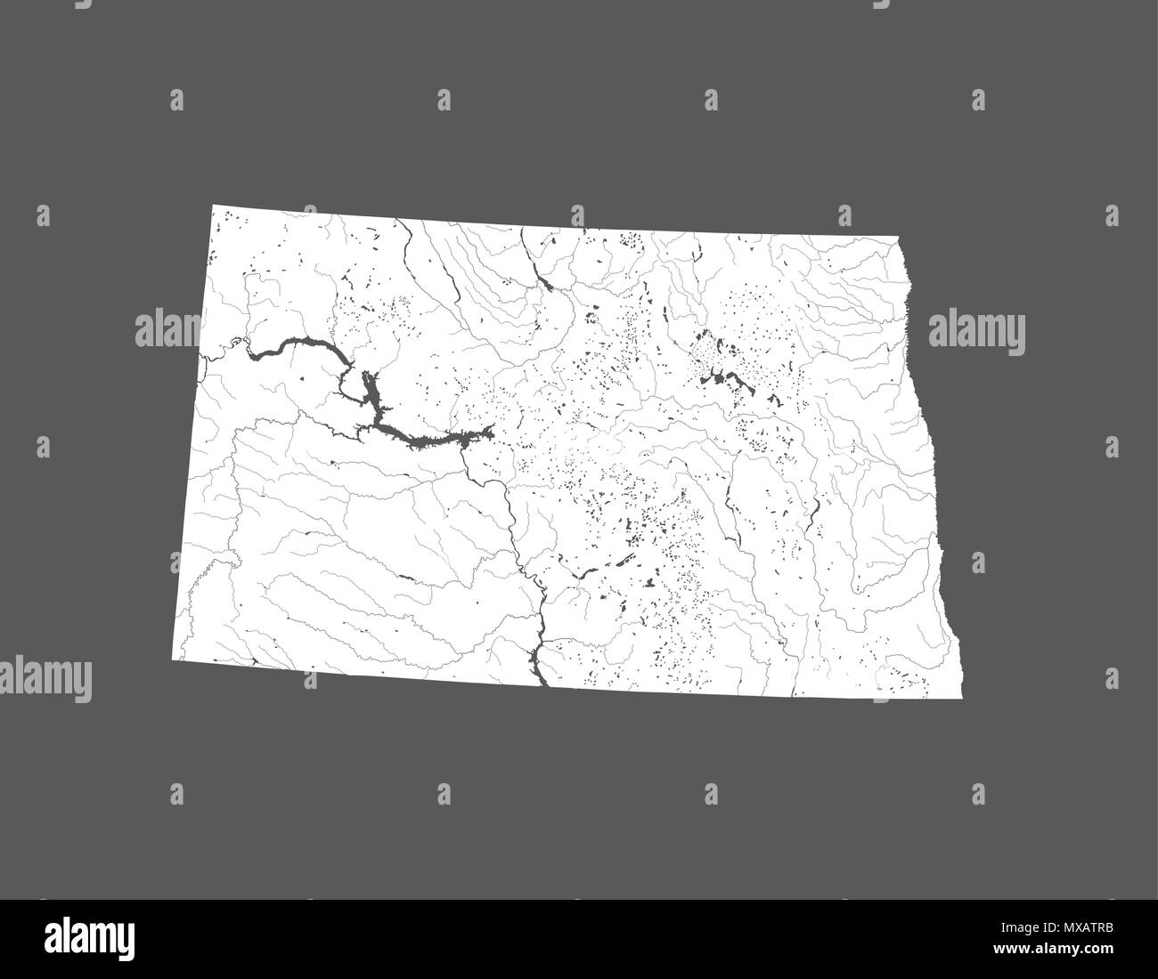 U.S. states - map of North Dakota. Hand made. Rivers and lakes are shown. Please look at my other images of cartographic series - they are all very de Stock Vector