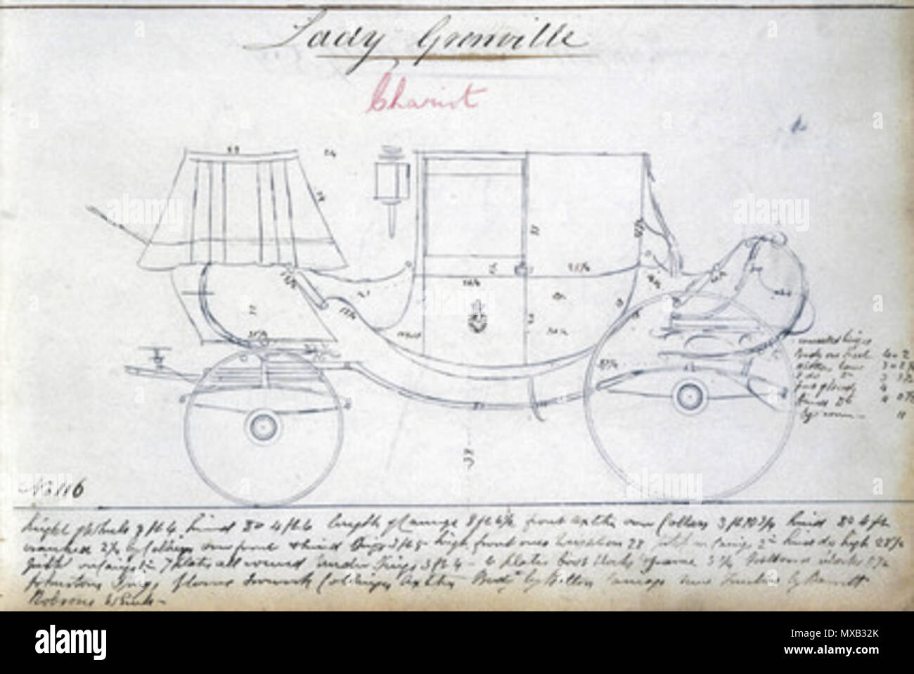 . Lady Grenville's chariot, c 1810-1873 Plate from 'Woodall's Coach Designs', produced between 1810 and 1873, showing a design for a four-wheeled carriage produced for Lady Greville. 'Woodall's Coach Designs' is a bound volume containing draughtsman's drawings for Woodall the coachmaker of London. 19th century. Unattributed 357 Lady Grenville's chariot, c 1810-1873 Stock Photo