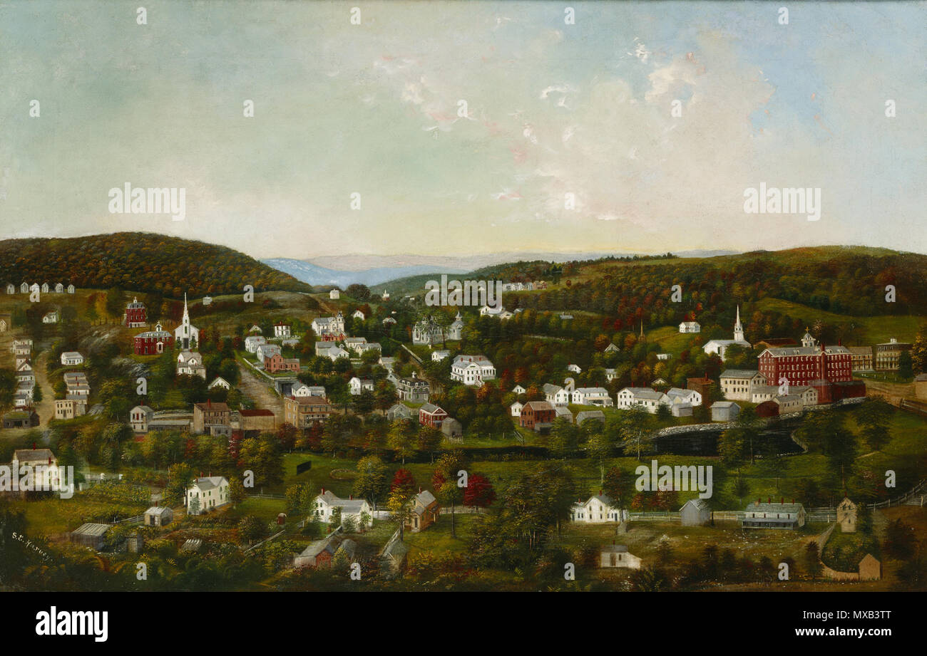 .  English: Sarah E. Harvey, American, 1834–1924 Winsted, Connecticut, ca. 1877 Oil on canvas 45.5 x 71.1 cm (17 15/16 x 28 in.) frame: 55.9 × 81.9 cm (22 × 32 1/4 in.) Gift of Edward Duff Balken, Class of 1897 y1958-100 Although Sarah Harvey claimed never to have received instruction in painting, she completed an estimated one thousand pictures over a career of more than six decades, all but one hundred given away to family and friends. Her subjects ranged widely, from still lifes to locations in Europe and the tropics based on print and photographic sources, but depictions of the local topog Stock Photo